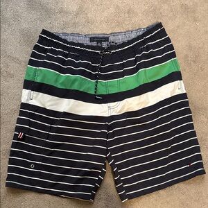 Tommy Hilfiger Men's Swim Shorts - Green, White, and Black size M